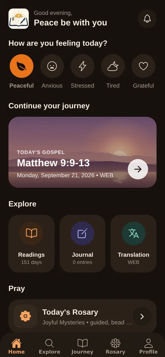 Home screen in dark mode.