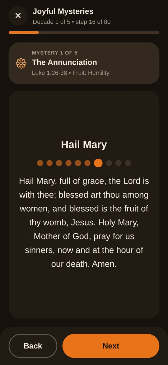 Guided Rosary in dark mode.