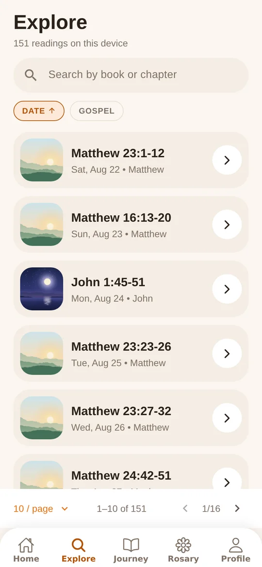 Explore screen listing readings by date, with a search box and sort options.