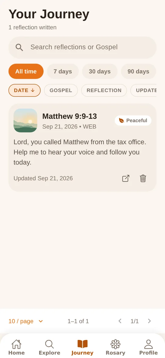 Journey screen with a saved reflection tagged Peaceful, plus search and date filters.