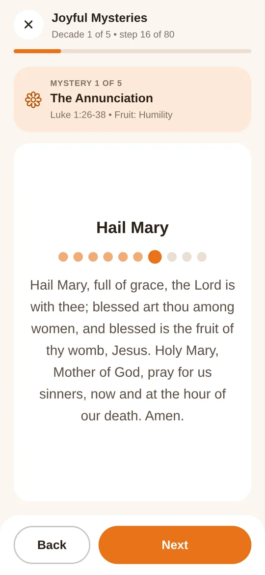 Guided Rosary showing the Hail Mary with a ten-bead progress counter.