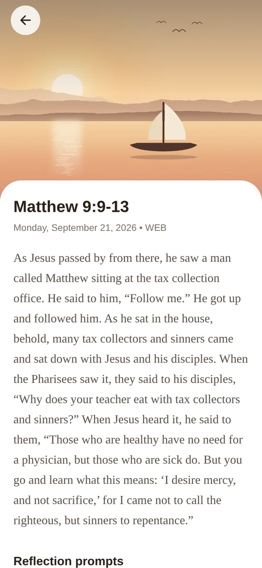 Reading screen showing Matthew 9:9-13 under an illustration of a boat on a lake at sunrise.
