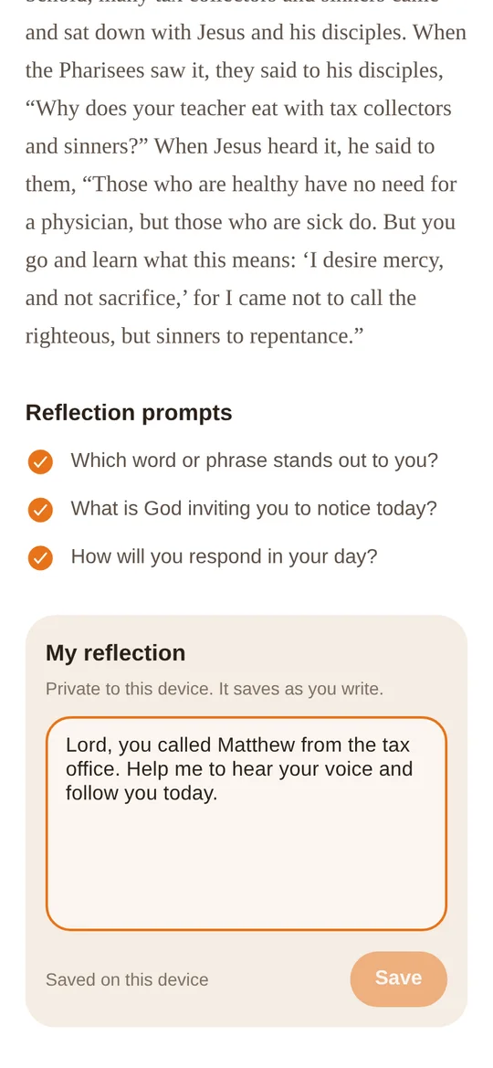 Three reflection prompts and a private journal entry being written.